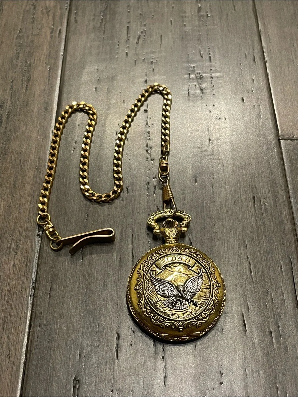 Milan Quartz Pocket Watch Hunter Eagle “DAD” Ornate Gold Tone w/ Chain